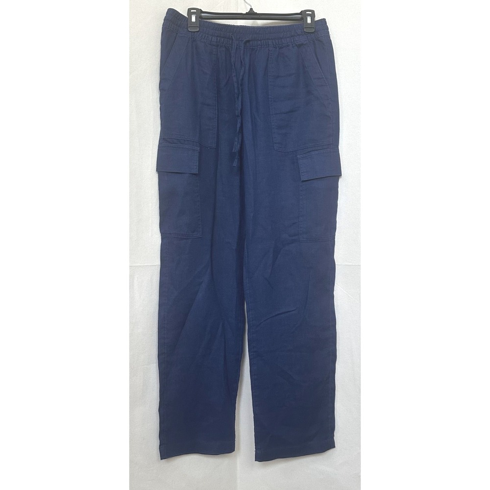 Lands End Coastal Grandma Beach Navy Blue 100% Linen High Rise Cargo Pants Sz 8